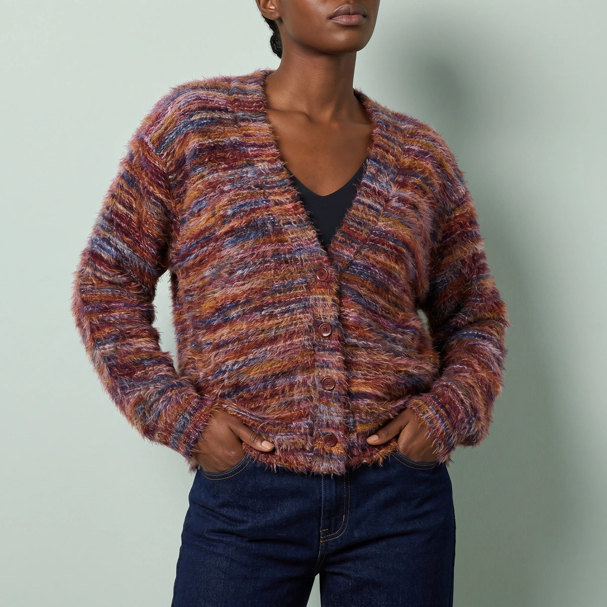 Dora Fuzzy Striped V Neck Cardigan - Wine
