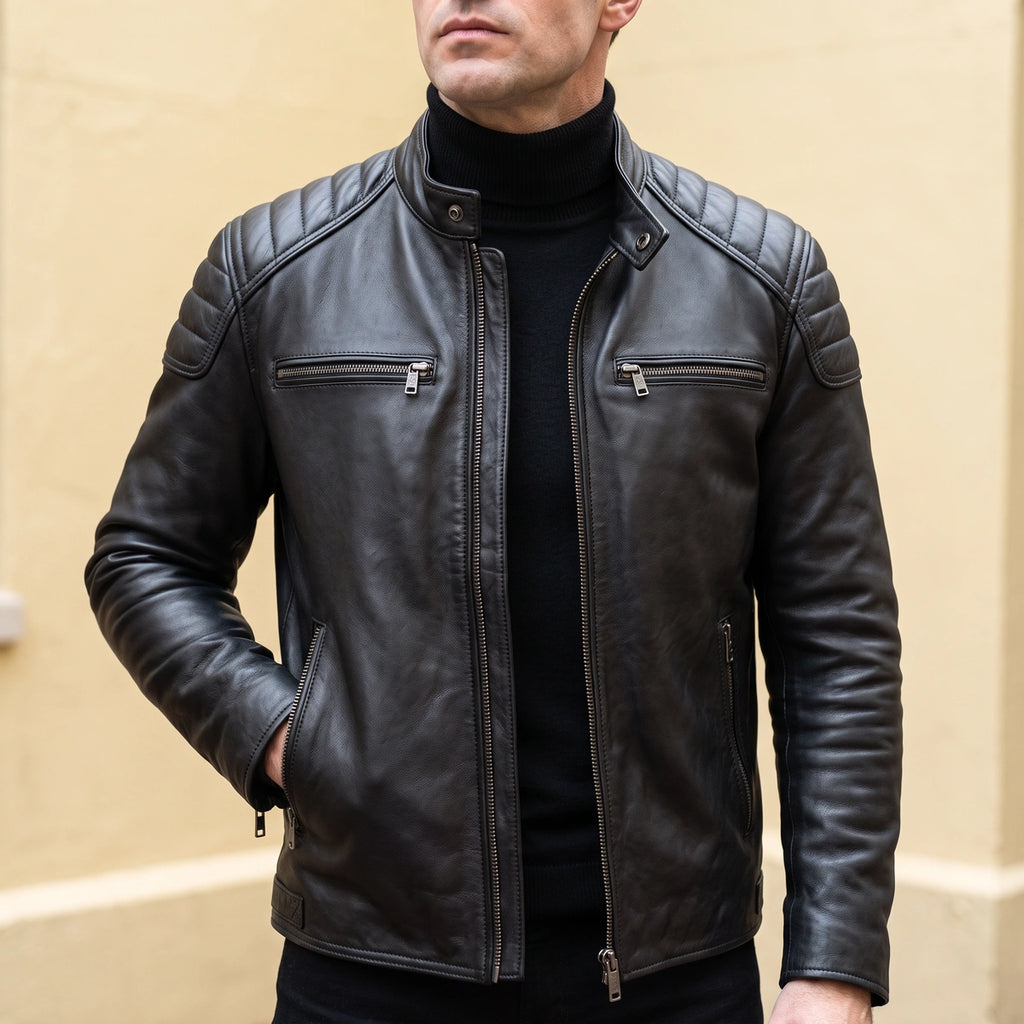 Dylan Distressed Leather Quilted Shoulder Jacket - Black