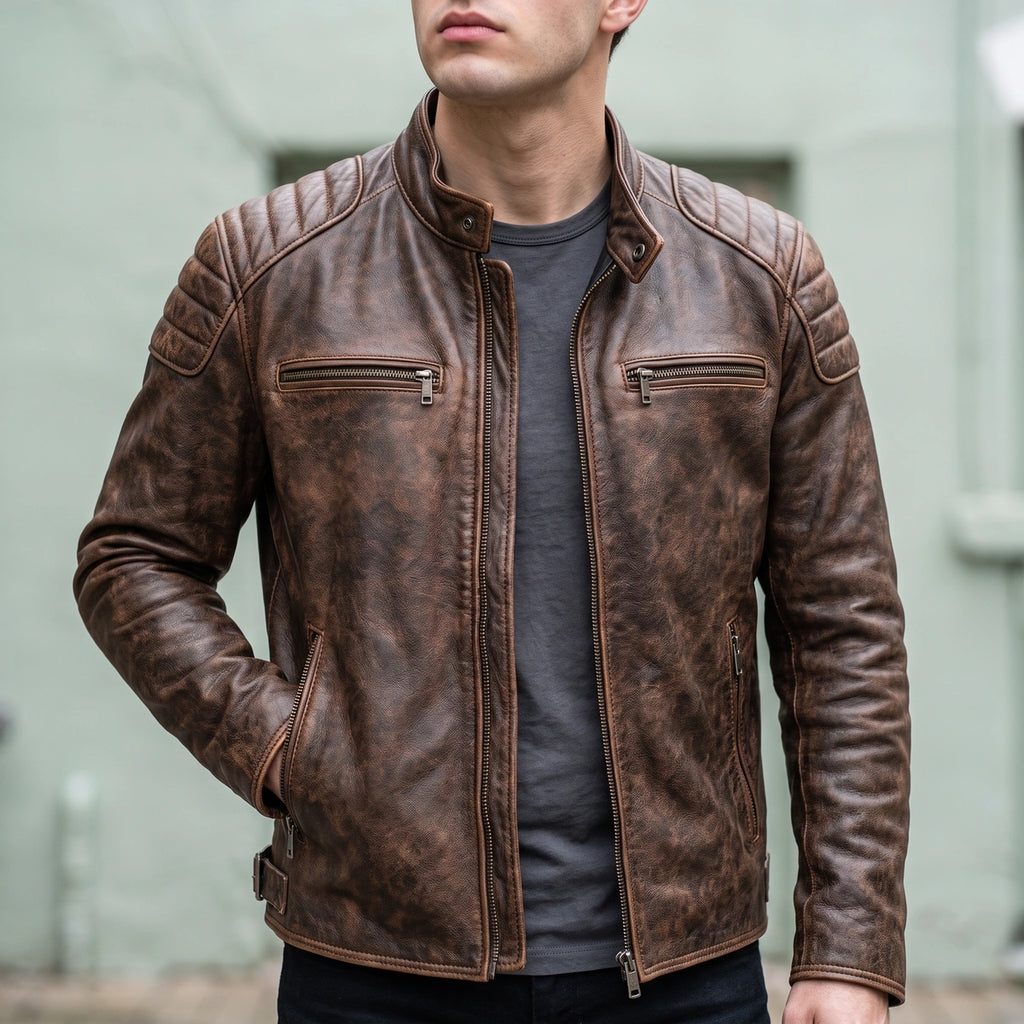 Dylan Distressed Leather Quilted Shoulder Jacket - Brown