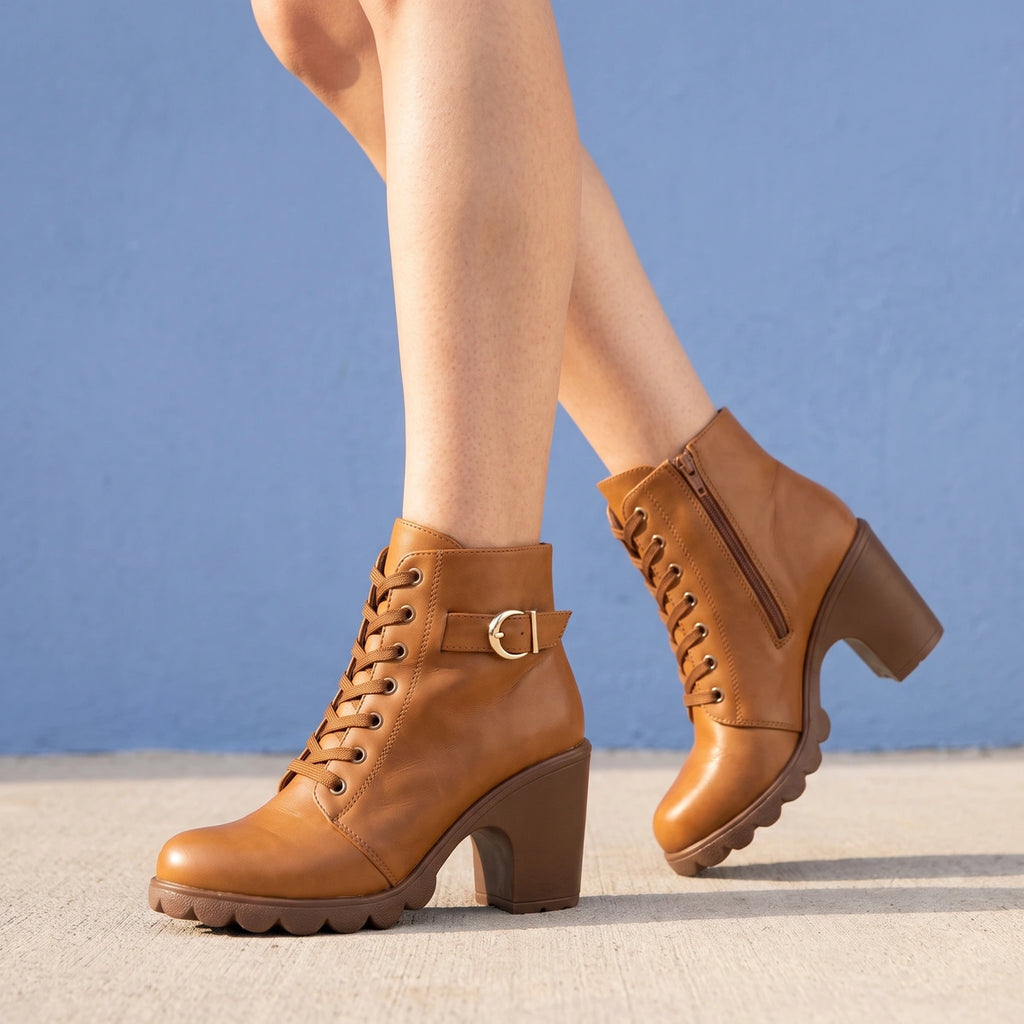 Ellen Lace Up Buckle Lug Heel Ankle Boots - Brown