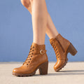 Ellen Lace Up Buckle Lug Heel Ankle Boots - Brown