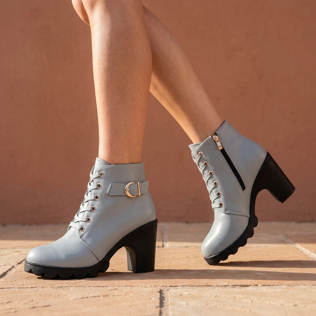 Ellen Lace Up Buckle Lug Heel Ankle Boots - Gray