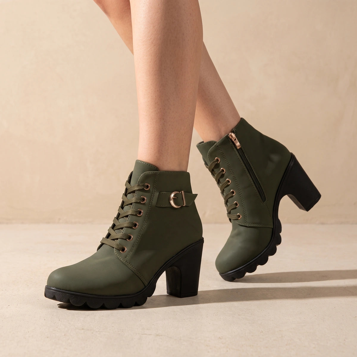 Ellen Lace Up Buckle Lug Heel Ankle Boots - Green