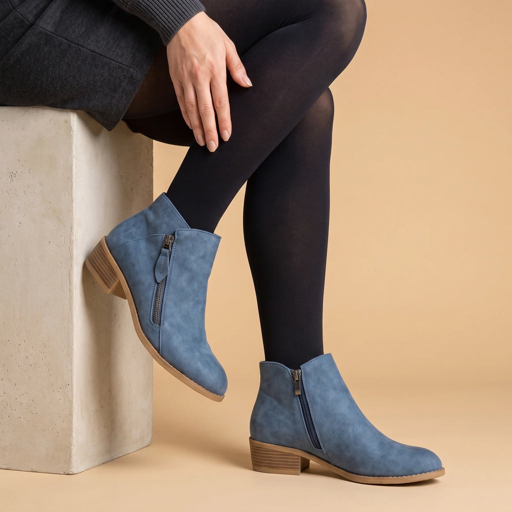 Emilia Curved Topline Low Block Heel Booties - Blue
