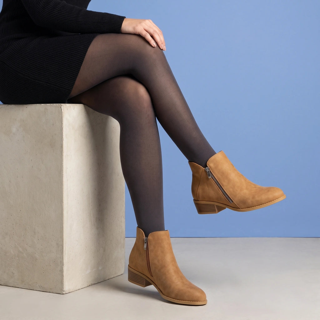 Emilia Curved Topline Low Block Heel Booties - Brown