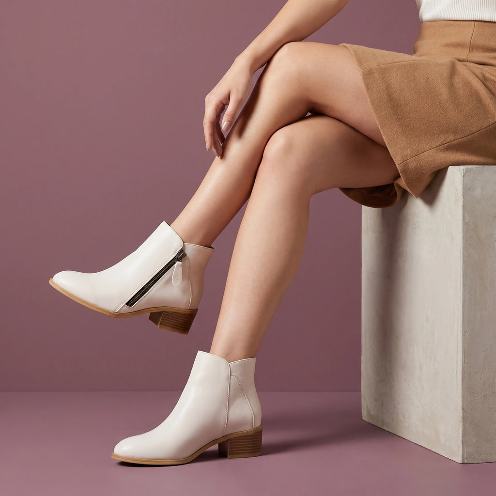 Emilia Curved Topline Low Block Heel Booties - White