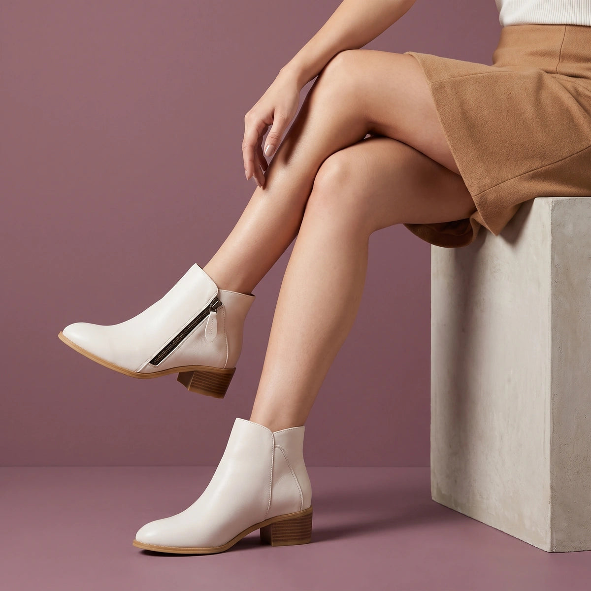 Emilia Curved Topline Low Block Heel Booties - White