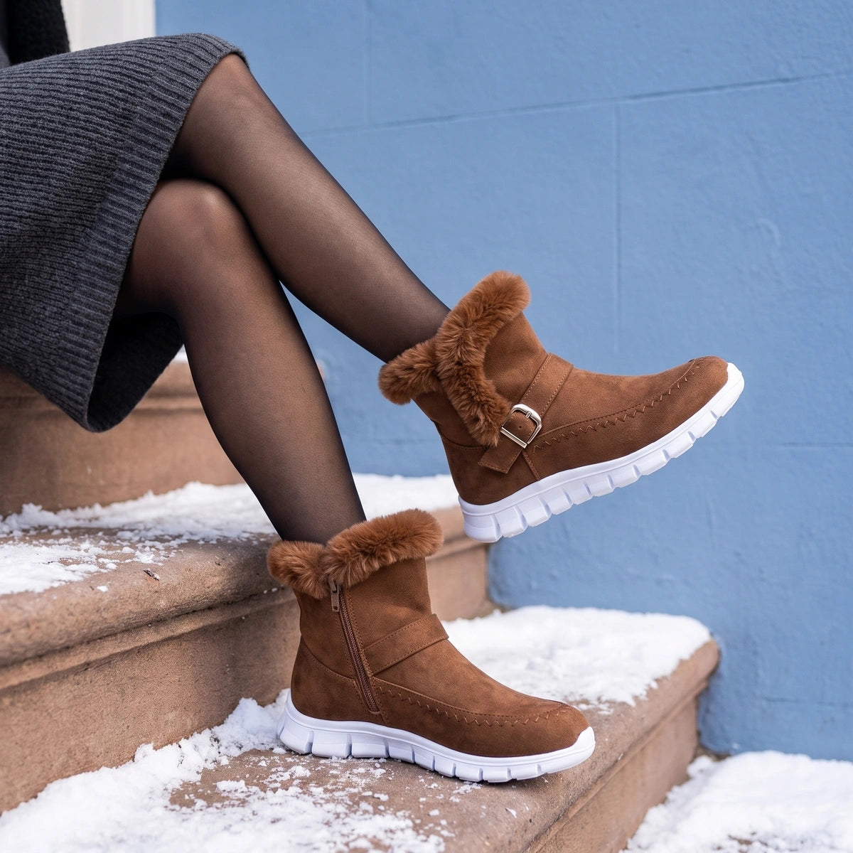 Erica Faux Fur Cuff Suede Look Booties - Brown
