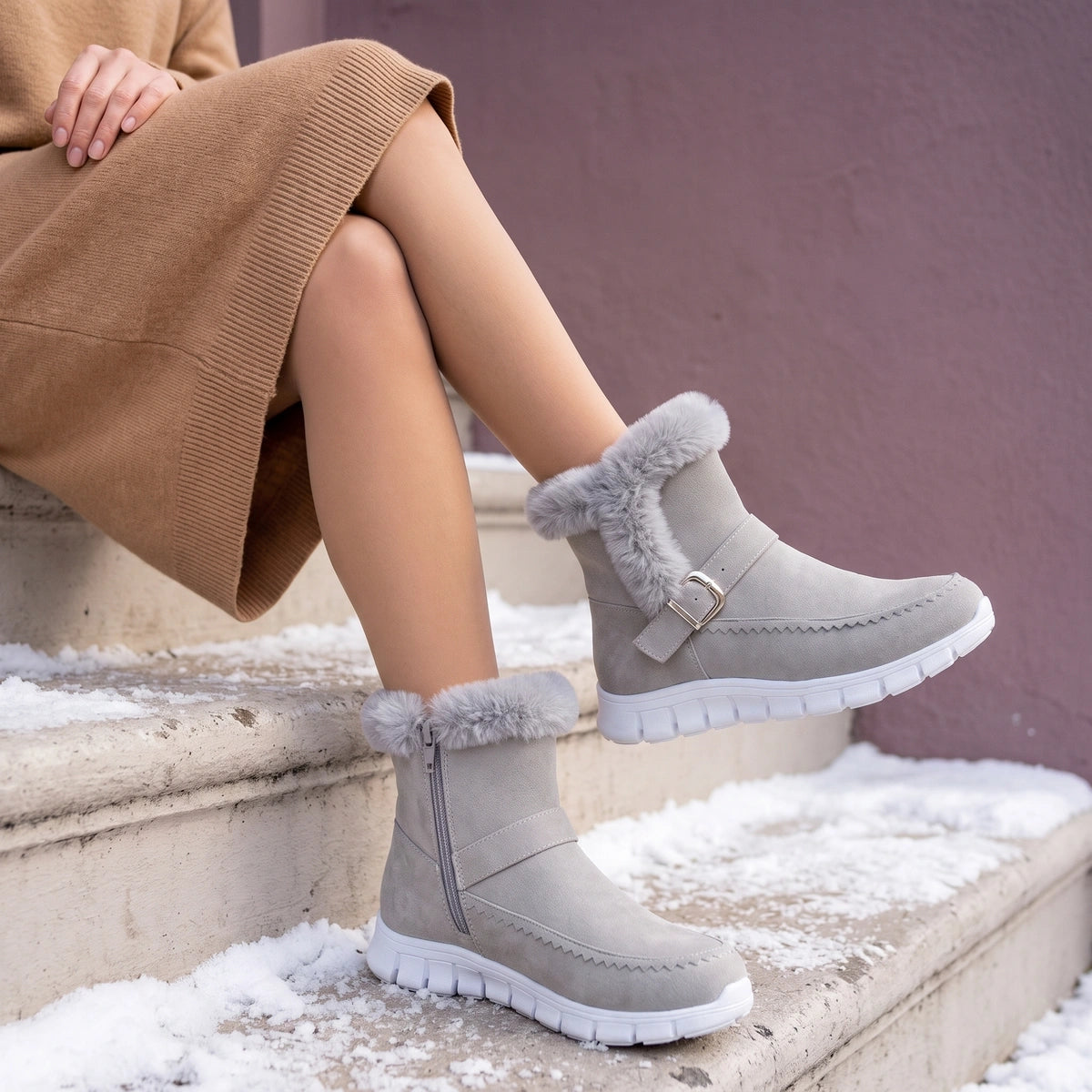 Erica Faux Fur Cuff Suede Look Booties - Light Gray