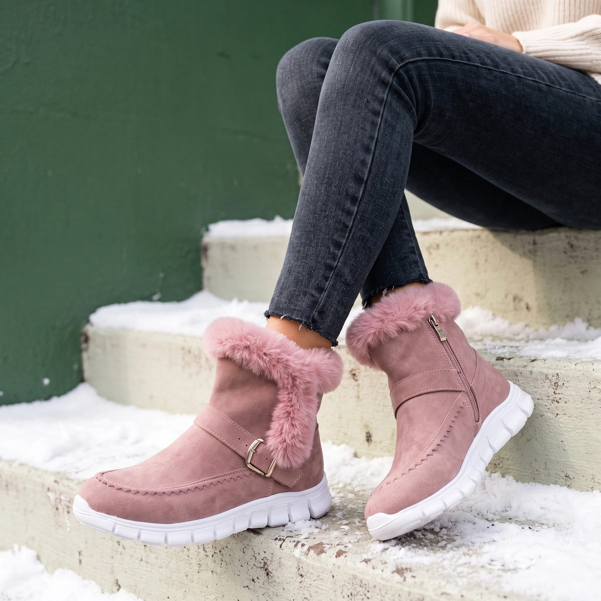 Erica Faux Fur Cuff Suede Look Booties - Pink