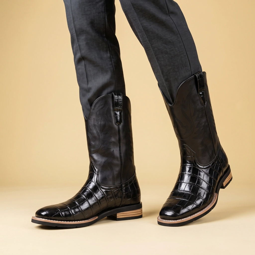 Floyd Croc Embossed Leather Stitched Western Boots - Black