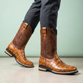 Floyd Croc Embossed Leather Stitched Western Boots - Brown