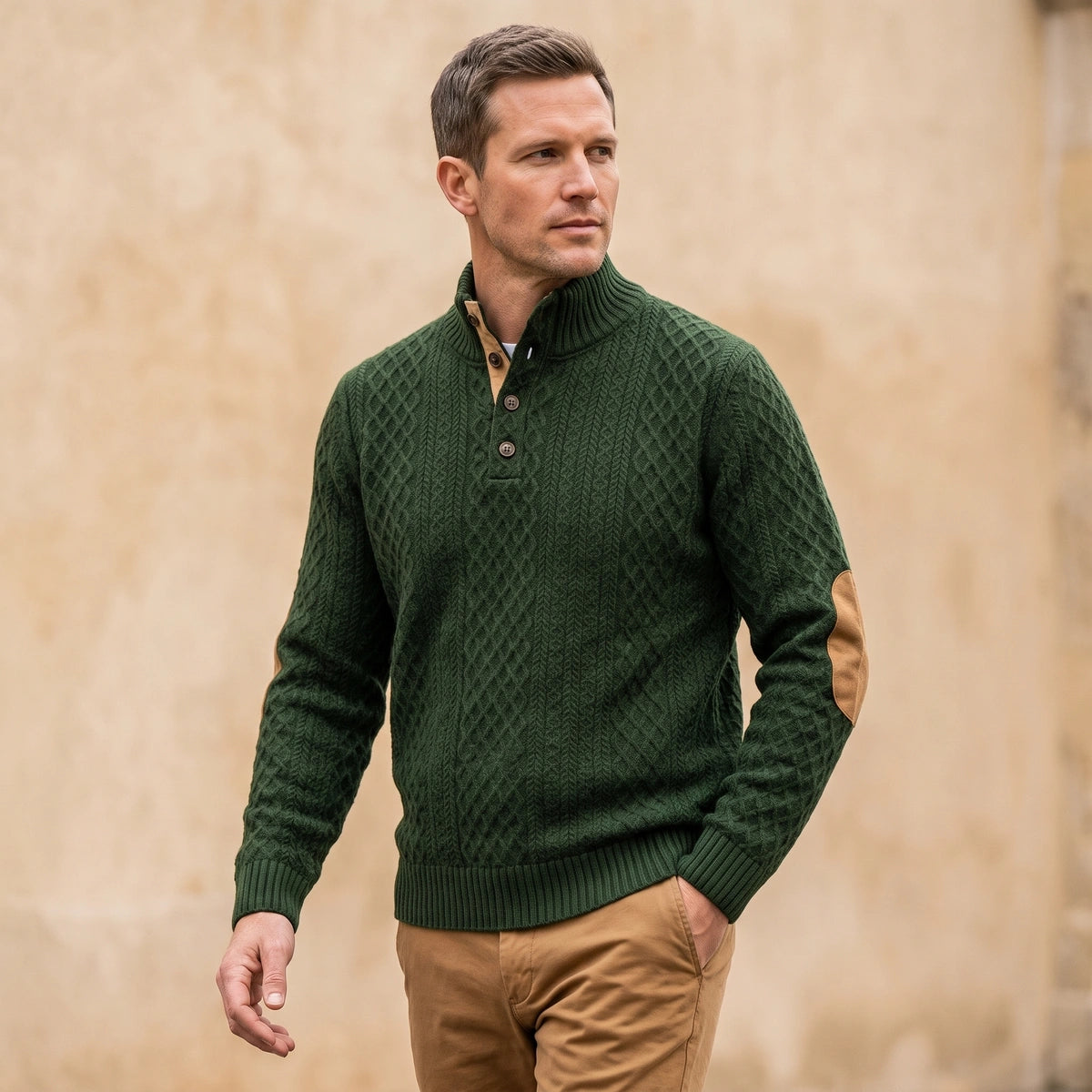 Gavin Cable Knit Button Collar Sweater - Army Green