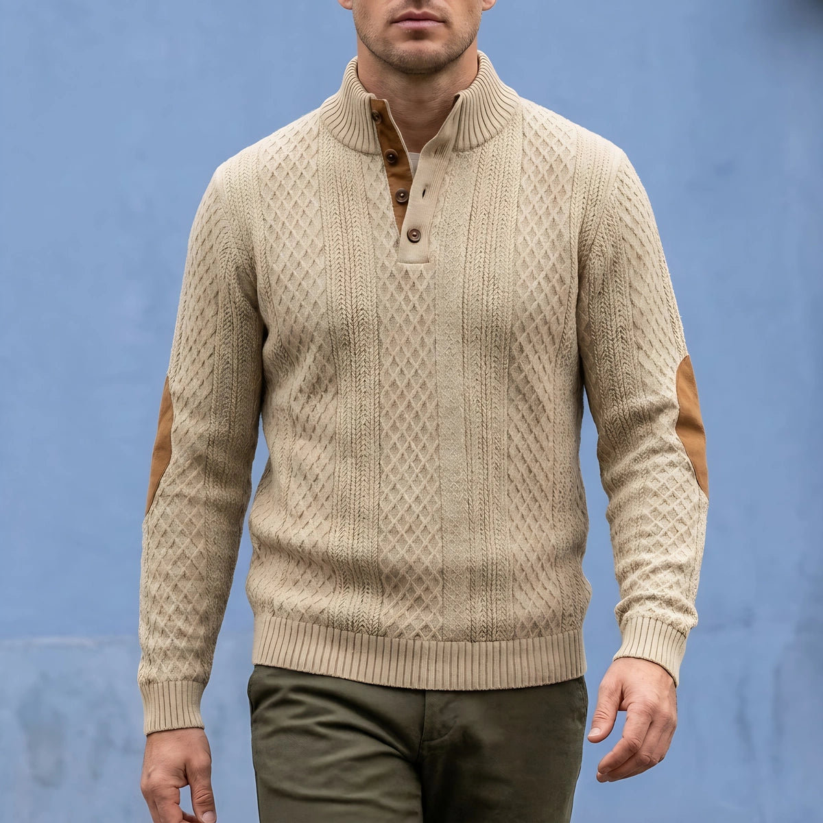 Gavin Cable Knit Button Collar Sweater - Beige