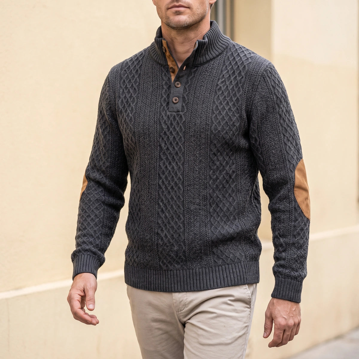 Gavin Cable Knit Button Collar Sweater - Dark Gray