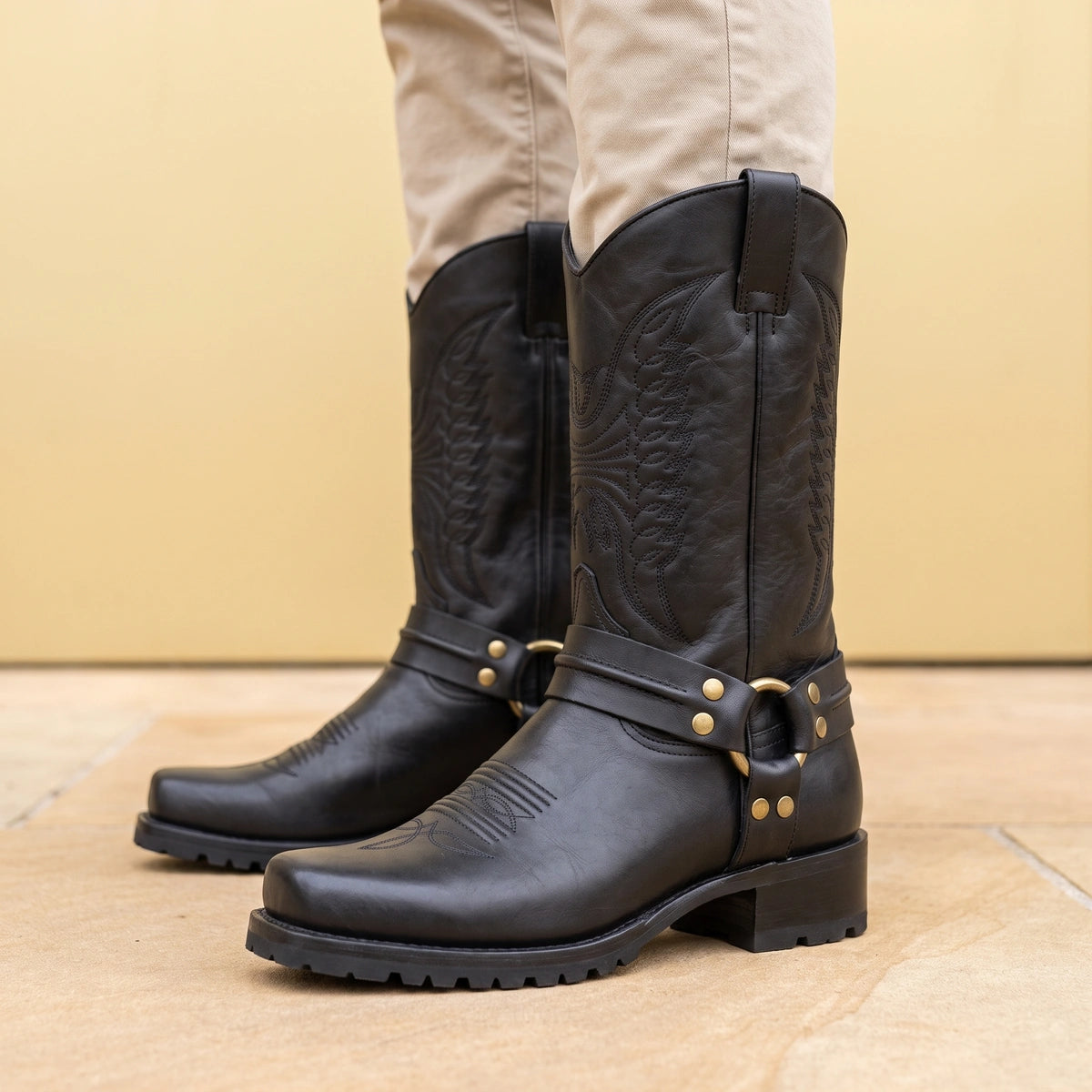 George Leather Harness Ring Western Boots - Black