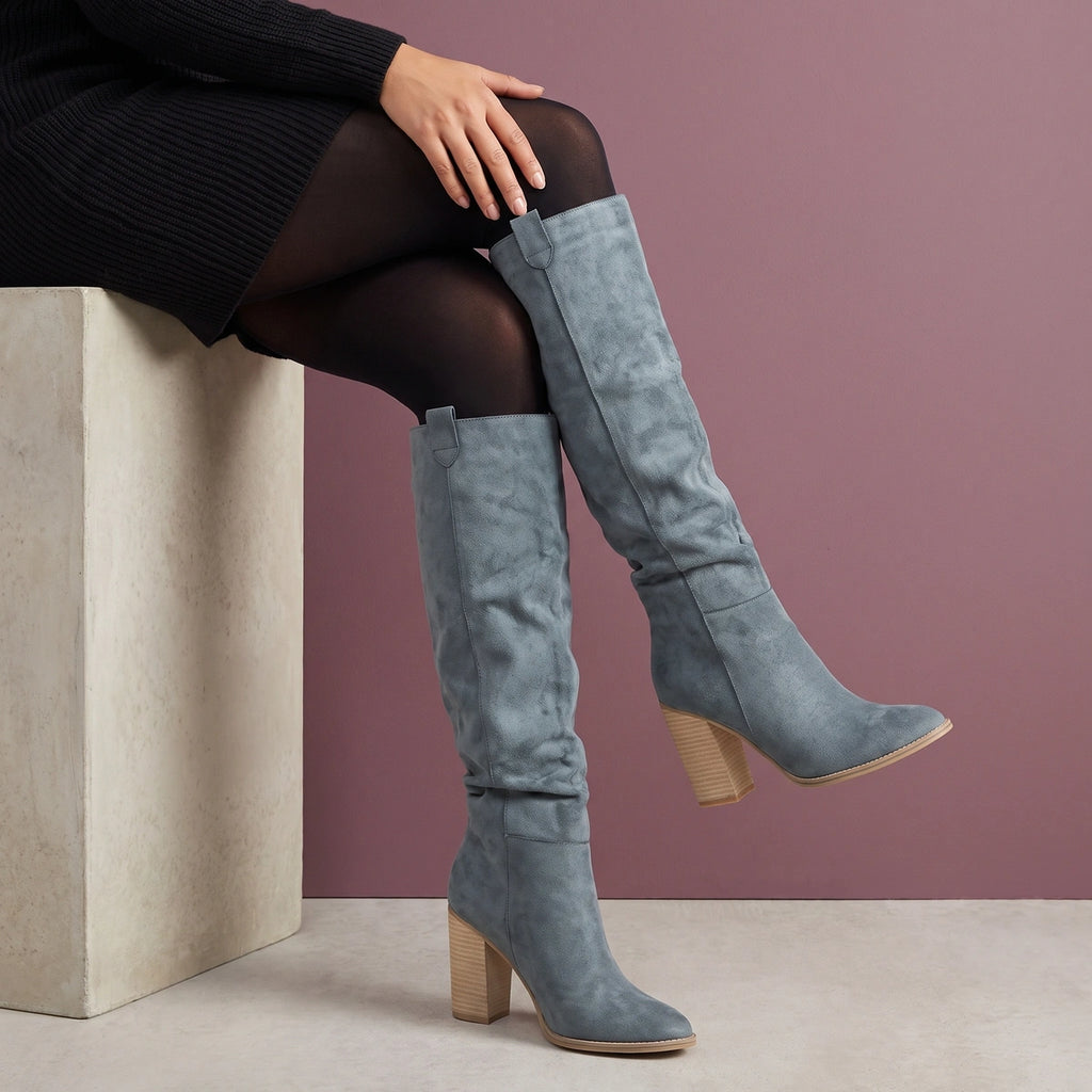 Heather Block Heel Knee High Boots - Gray