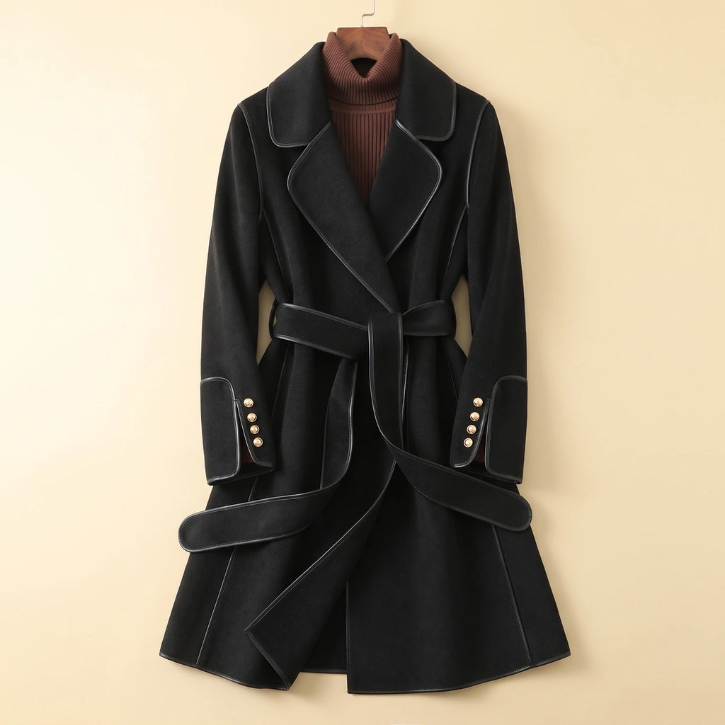 Heidi Piped Wool Blend Belted Wrap Coat - Black