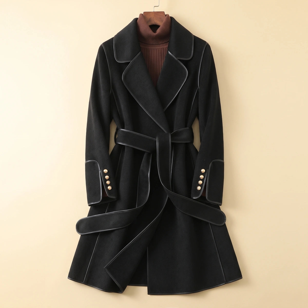 Heidi Piped Wool Blend Belted Wrap Coat - Black