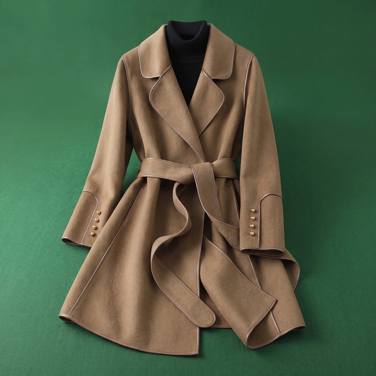 Heidi Piped Wool Blend Belted Wrap Coat - Camel