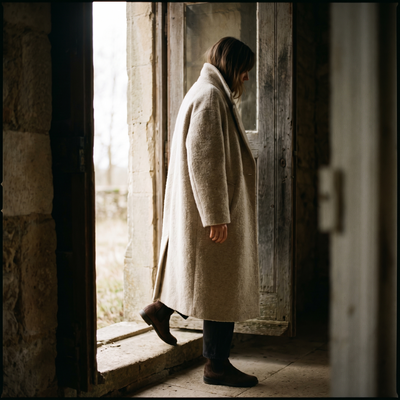 A person in a wool coat walking through a doorway