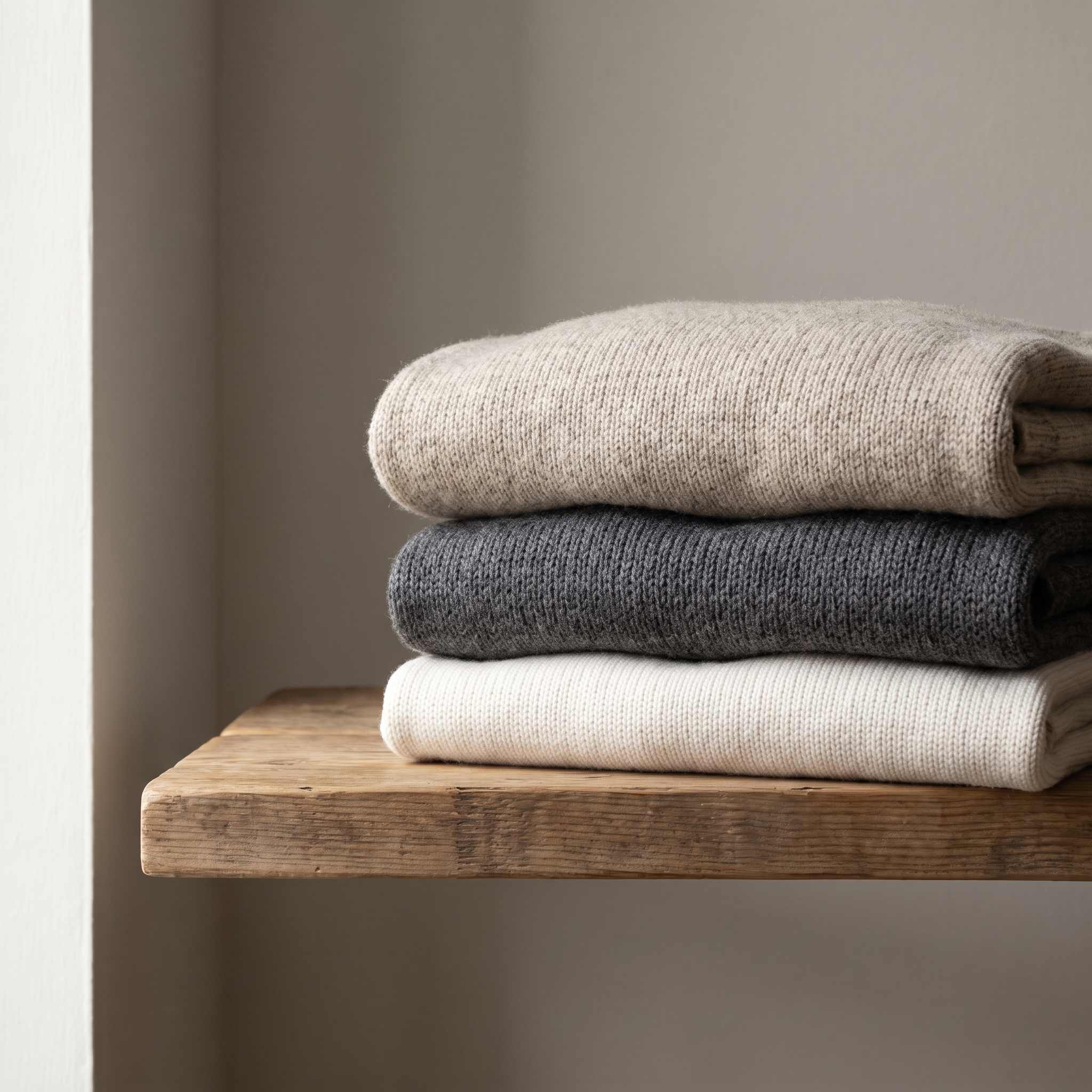 A folded stack of garments on a wooden shelf