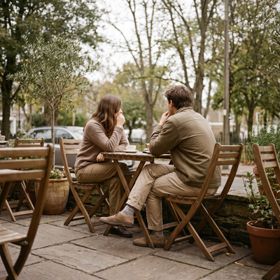 Two people seated at an outdoor cafe table