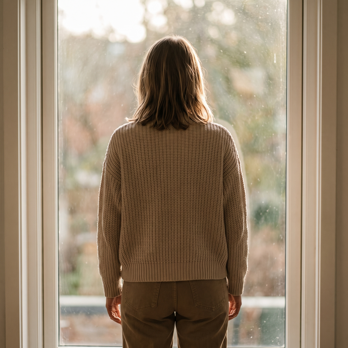 A person standing at a window in a sand knit