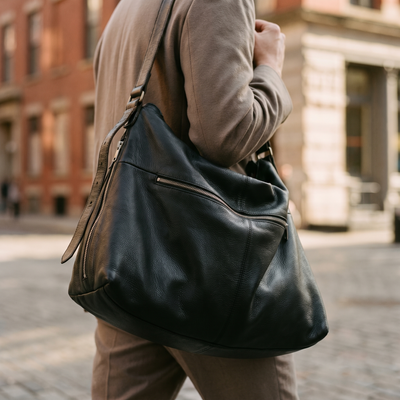 A soft leather bag carried over one shoulder