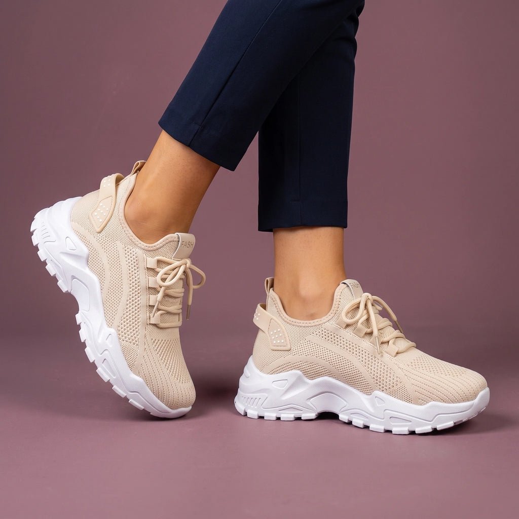 Isabel Wide Toe Arch Support Walking Sneakers - Beige