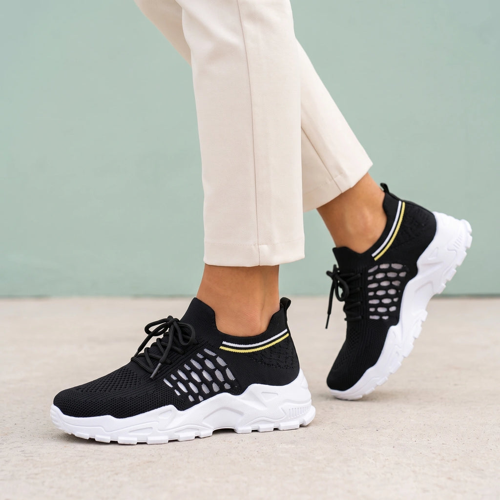 Isabel Wide Toe Arch Support Walking Sneakers - Black