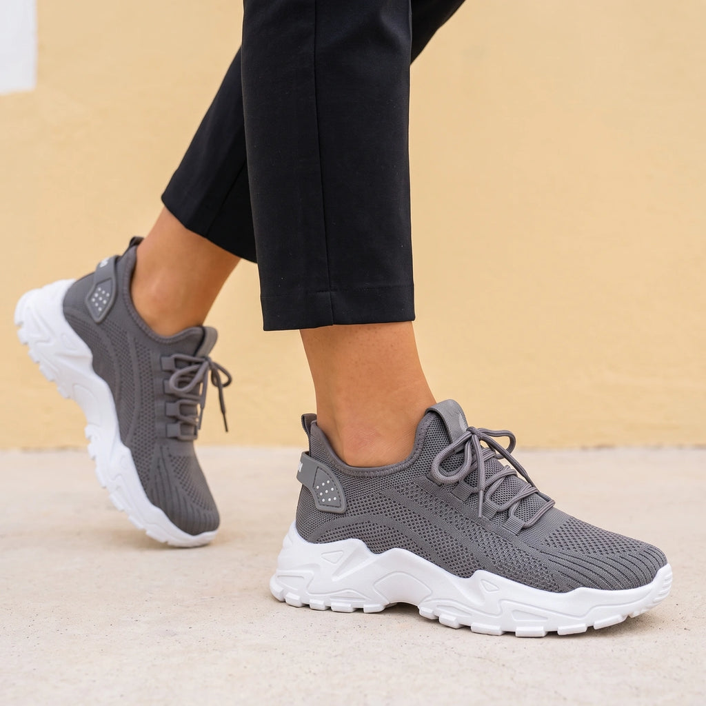Isabel Wide Toe Arch Support Walking Sneakers - Gray