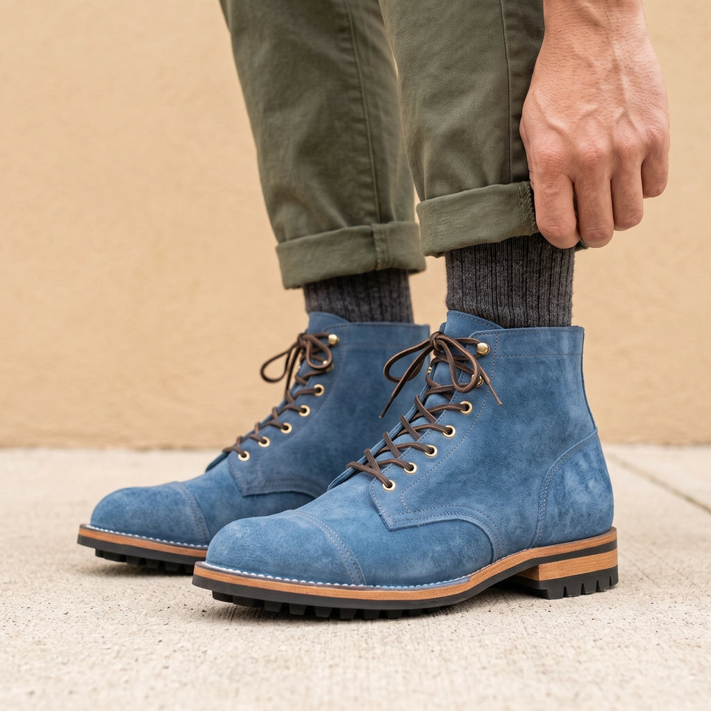 Jacob Vegan Leather Lace Up Work Boots - Blue