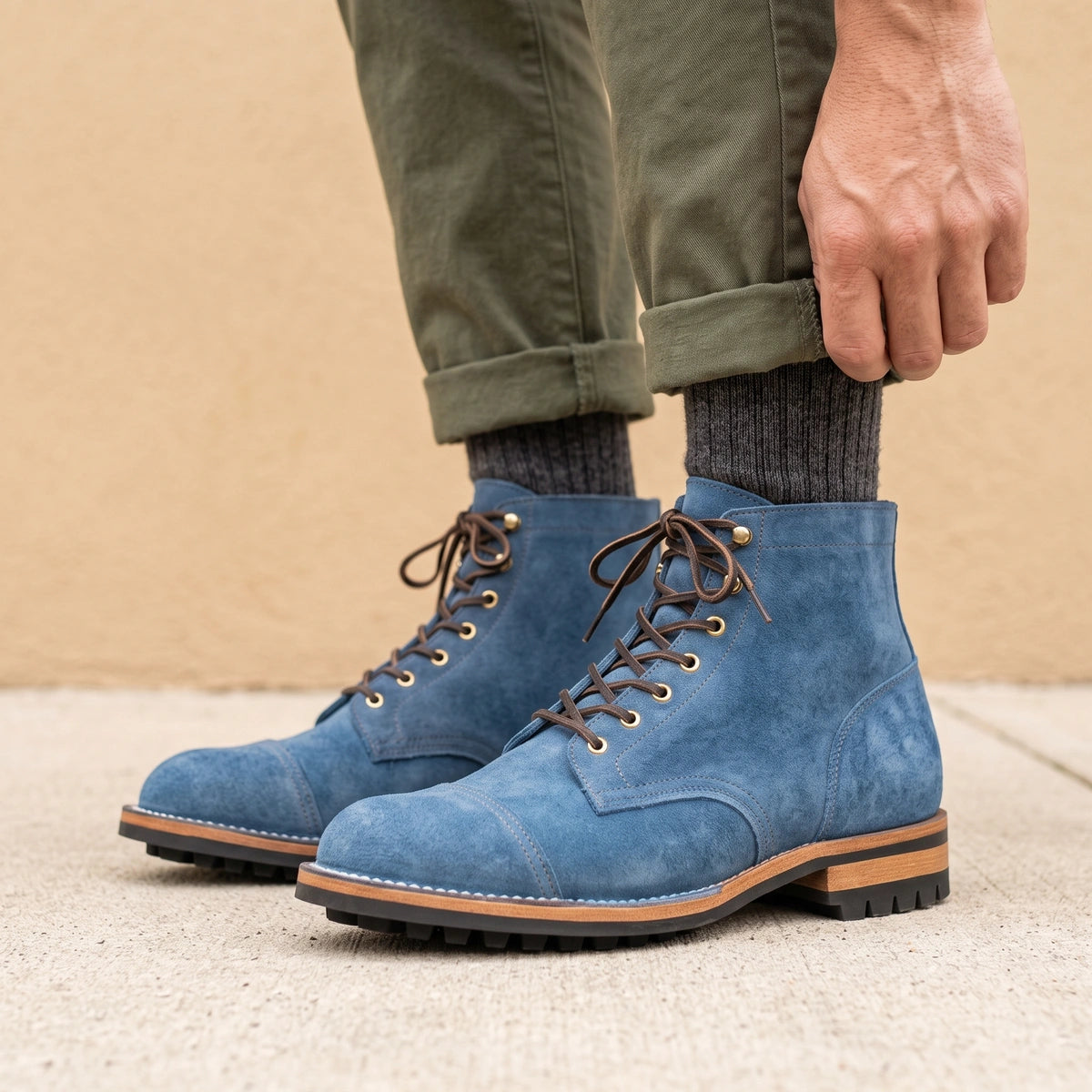 Jacob Vegan Leather Lace Up Work Boots - Blue