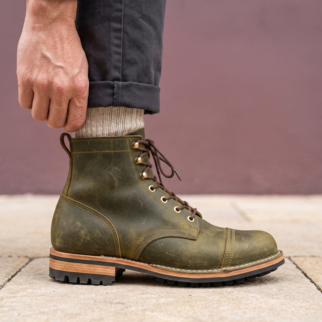 Jacob Vegan Leather Lace Up Work Boots - Olive