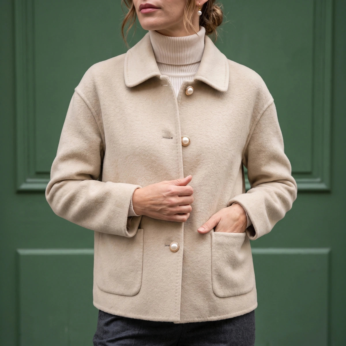 Jenna Cashmere Doll Collar Cropped Coat - Beige