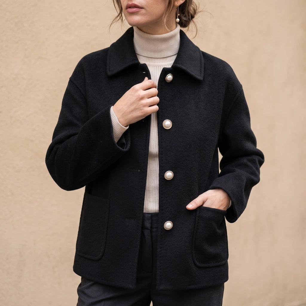 Jenna Cashmere Doll Collar Cropped Coat - Black