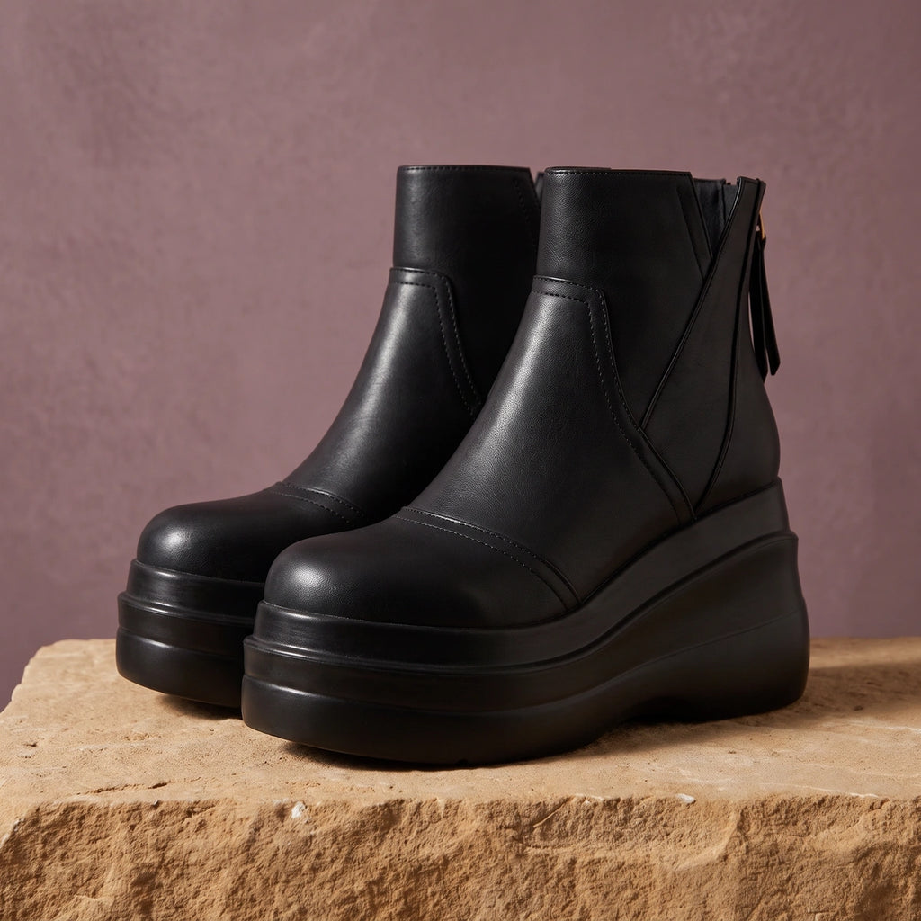 Jessica Leather Chunky Platform Ankle Boots - Black
