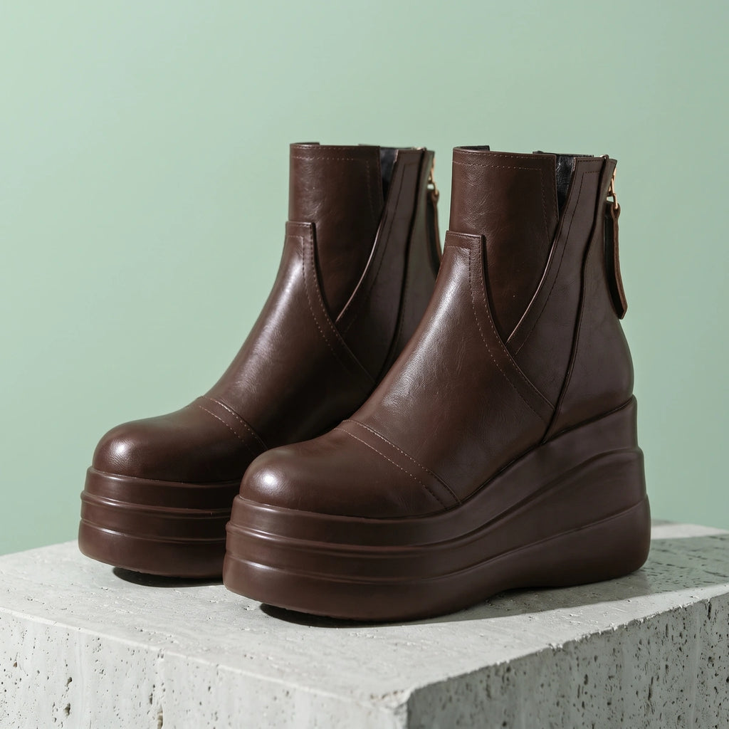 Jessica Leather Chunky Platform Ankle Boots - Brown