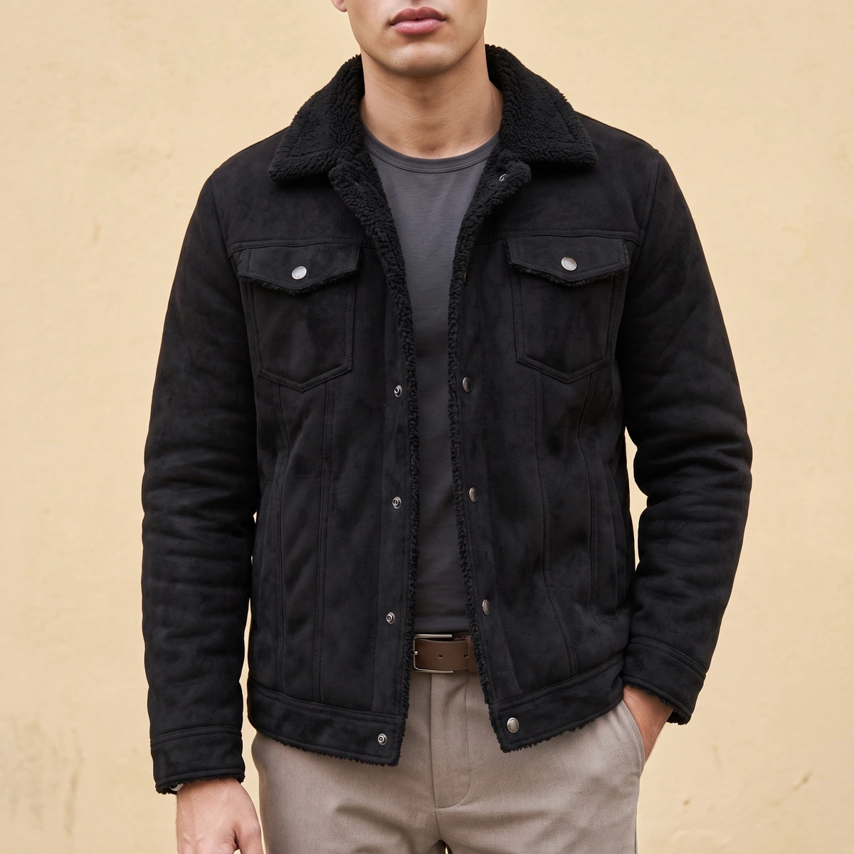 Joel Sherpa Lined Suede Look Trucker Jacket - Black