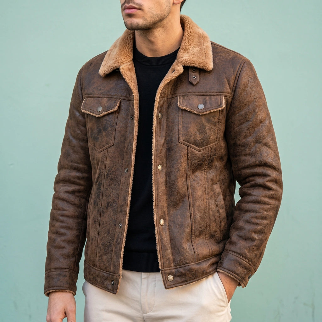 Joel Sherpa Lined Suede Look Trucker Jacket - Brown
