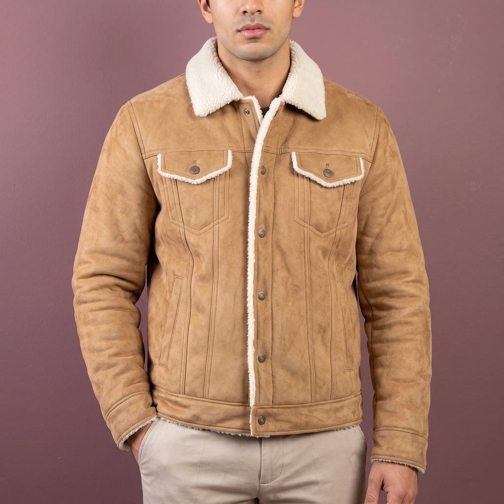 Joel Sherpa Lined Suede Look Trucker Jacket - Khaki