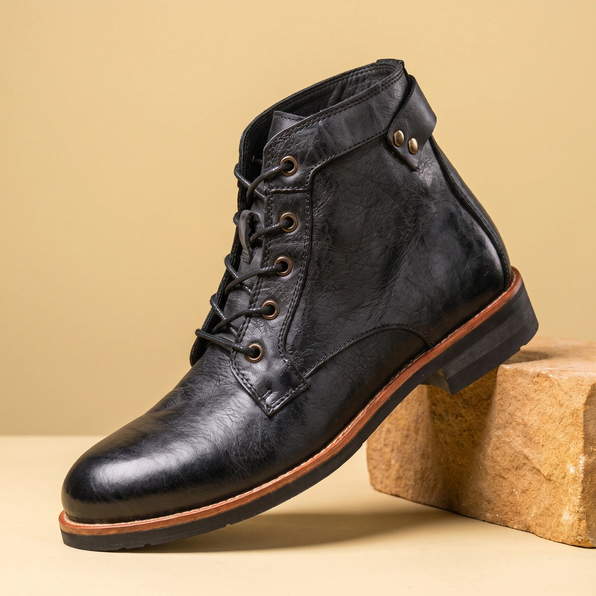 Jonah Burnished Leather Brass Eyelet Boots - Black