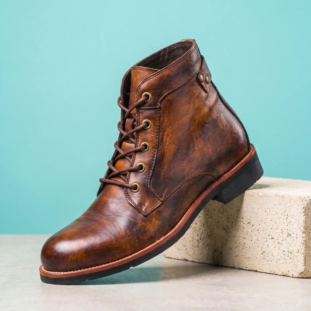 Jonah Burnished Leather Brass Eyelet Boots - Brown