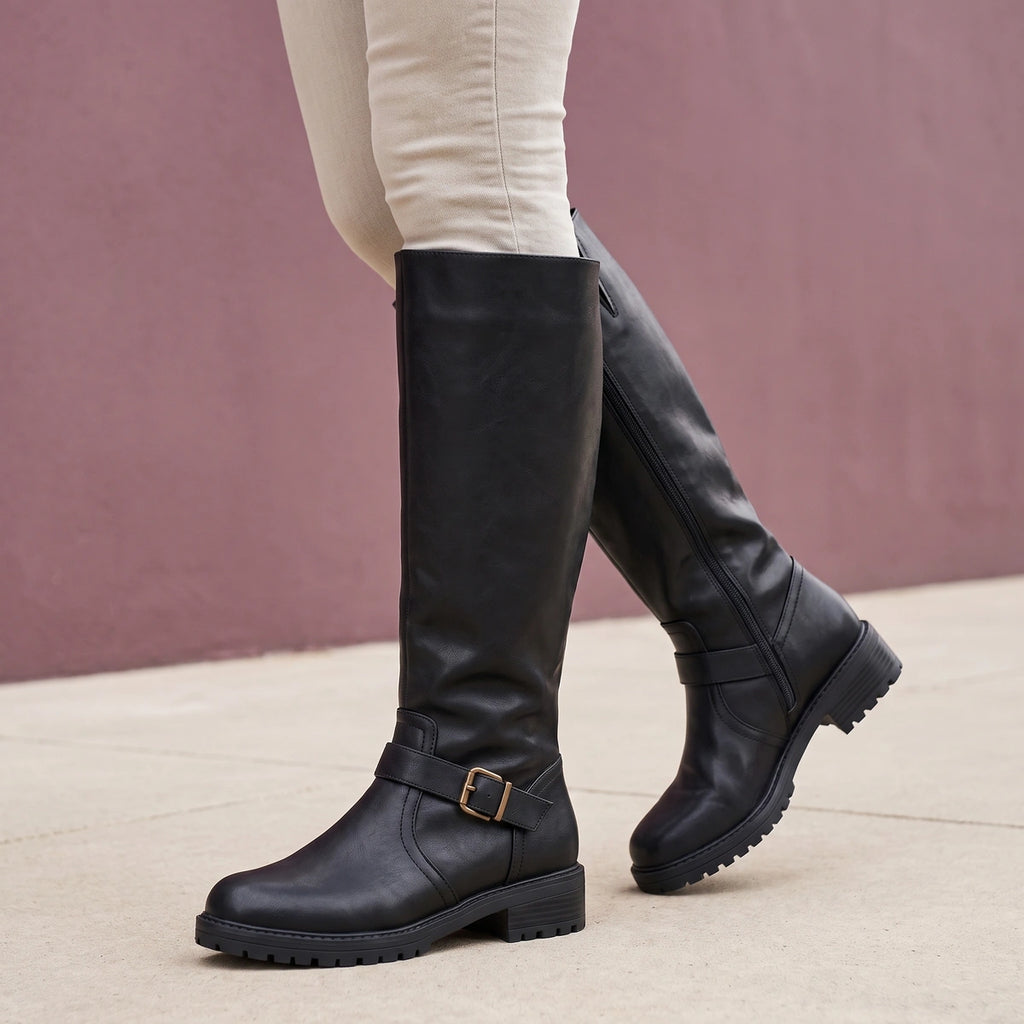 Julia Buckle Strap Lug Sole Riding Boots - Black