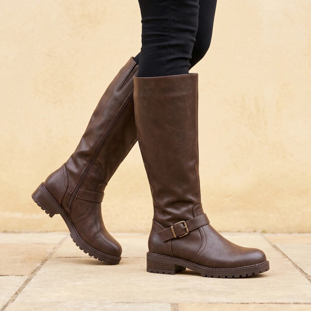 Julia Buckle Strap Lug Sole Riding Boots - Dark Brown