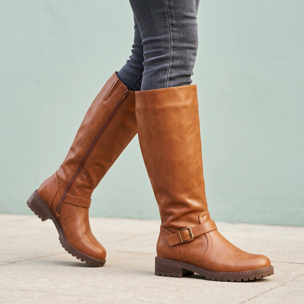 Julia Buckle Strap Lug Sole Riding Boots - Light Brown
