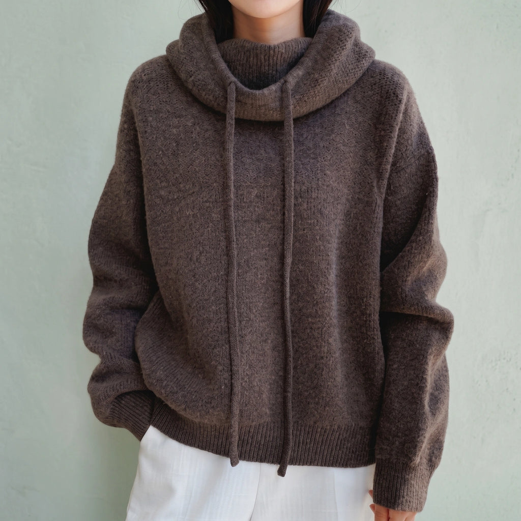 Kate Chunky Wool Blend Drawstring Hoodie - Brown