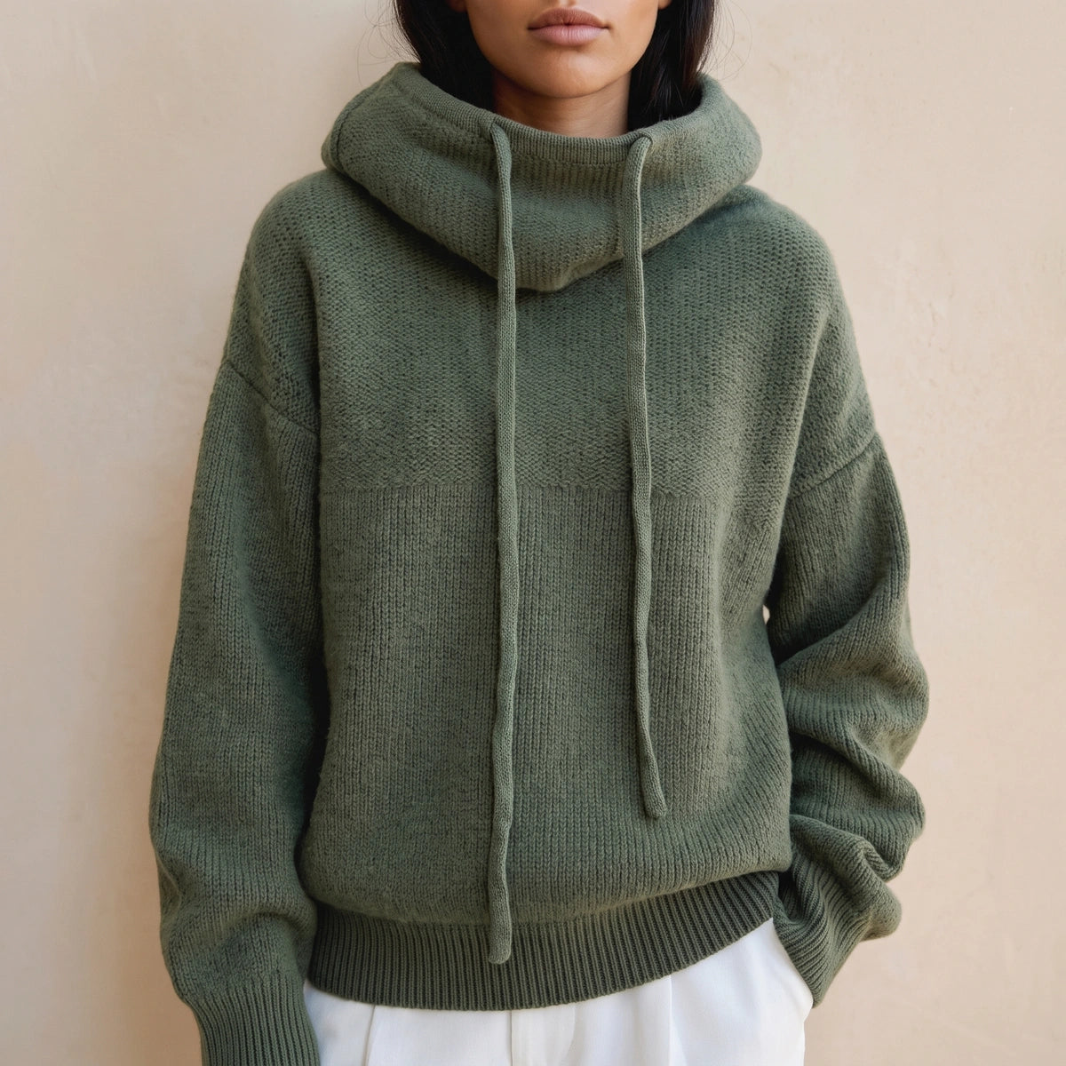 Kate Chunky Wool Blend Drawstring Hoodie - Olive
