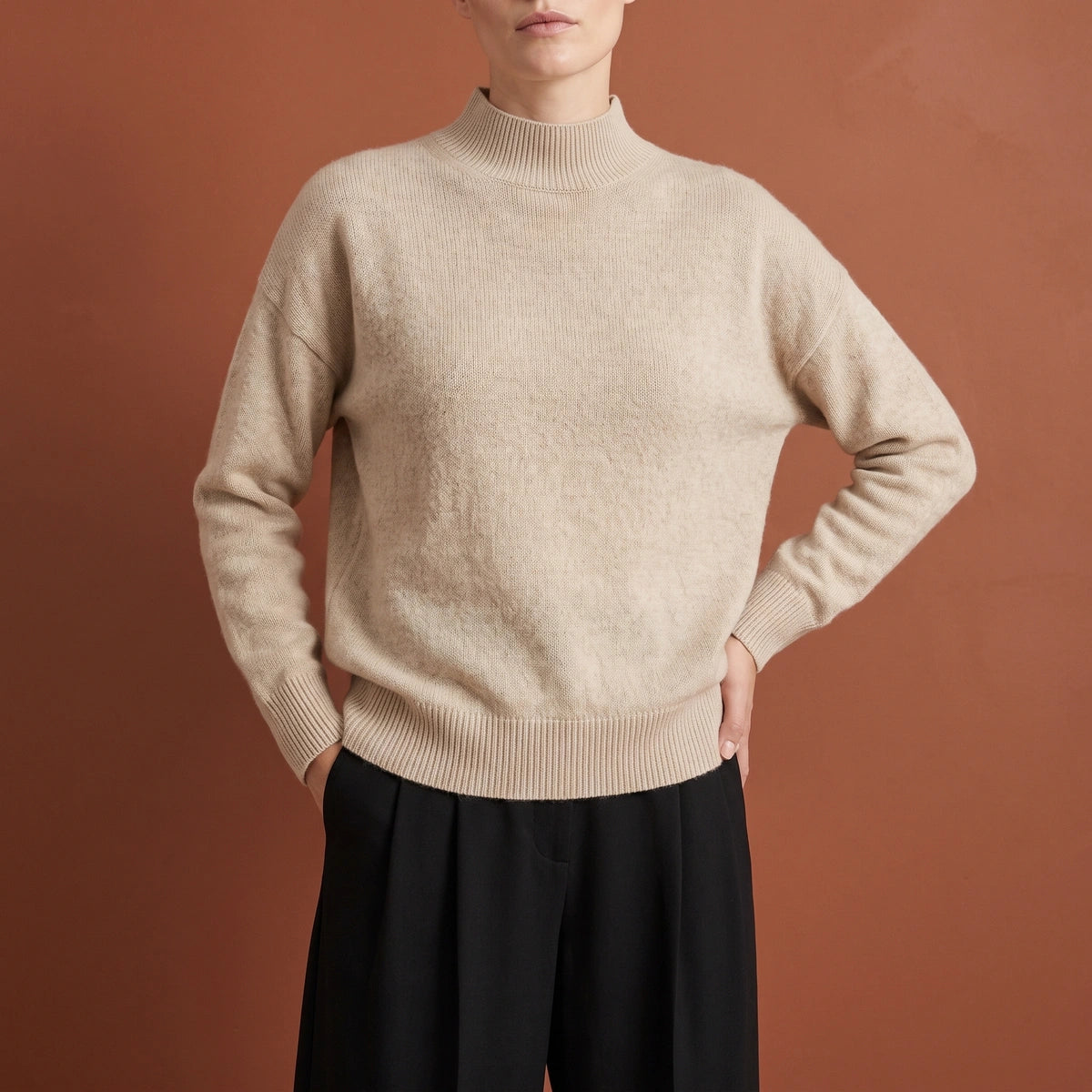 Katie Supple Knit Ribbed Mock Neck Sweater - Beige
